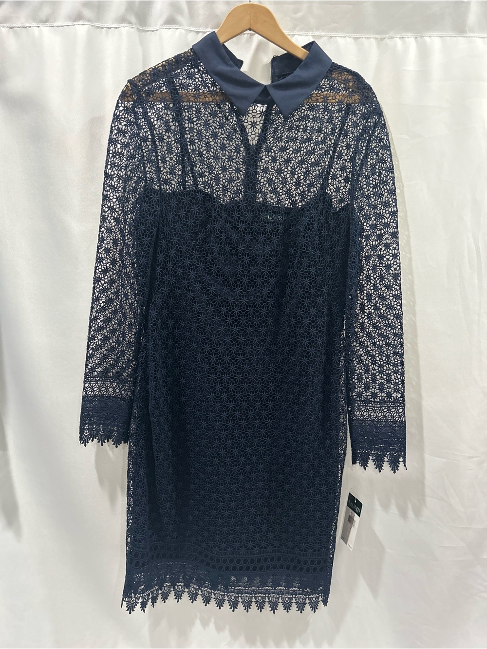 Lauren Ralph Lauren Navy Lace Long-Sleeve Dress with Peter Pan Collar